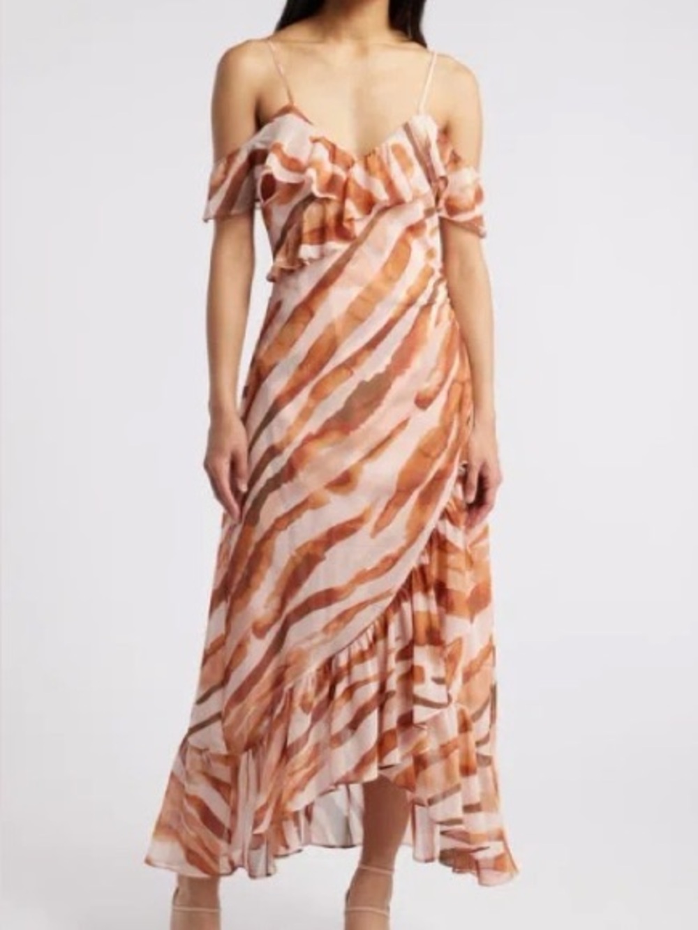Ruffled One-Shoulder Maxi Dress in Peachy Coral Stripe